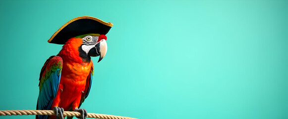 A scarlet macaw, sporting a tiny pirate hat, perches on a rope against a vibrant teal backdrop.  A whimsical, captivating scene!
