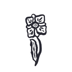 Black and white minimal abstract inky line art flower. Monochrome sketchy textured loose floral doodles. Hand drawn botanical abstraction