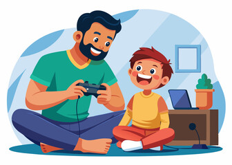 A father and child playing video games together, laughing and sharing the experience

