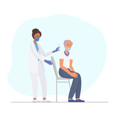 A medical worker in a white uniform gives an injection to an elderly man sitting on a chair