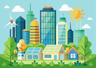 A city skyline with green rooftops, solar panels, and clean energy sources promoting eco-friendly living.