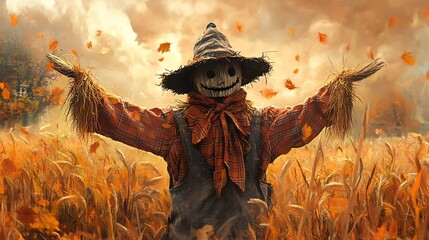 Fototapeta premium Autumn scarecrow in wheat field, arms outstretched, leaves falling.
