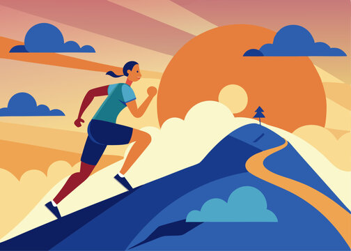 A runner reaching the top of a hill at sunrise, symbolizing perseverance and achievement. - Powered by Adobe