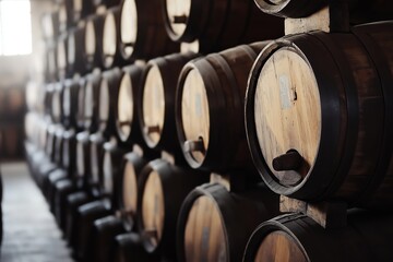 A row of oak barrels stacked neatly in a distillery warehouse, showcasing craftsmanship.