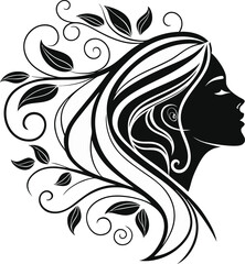 Elegant black-and-white silhouette of a woman with flowing floral hair design, ideal for beauty, nature, and wellness-themed projects, perfect for stock photography, vector art, and creative branding