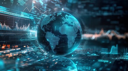 Futuristic globe with holographic financial charts, showcasing technology's influence on the global economy and trade dynamics.