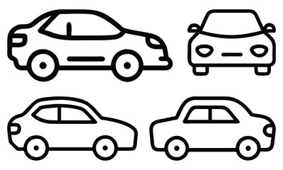 Set of black outline vector icons featuring various car designs from side and front views, ideal for transportation, automotive, and minimalist design projects.  

