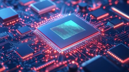 A close-up view of a computer chip surrounded by intricate circuitry and glowing connections.