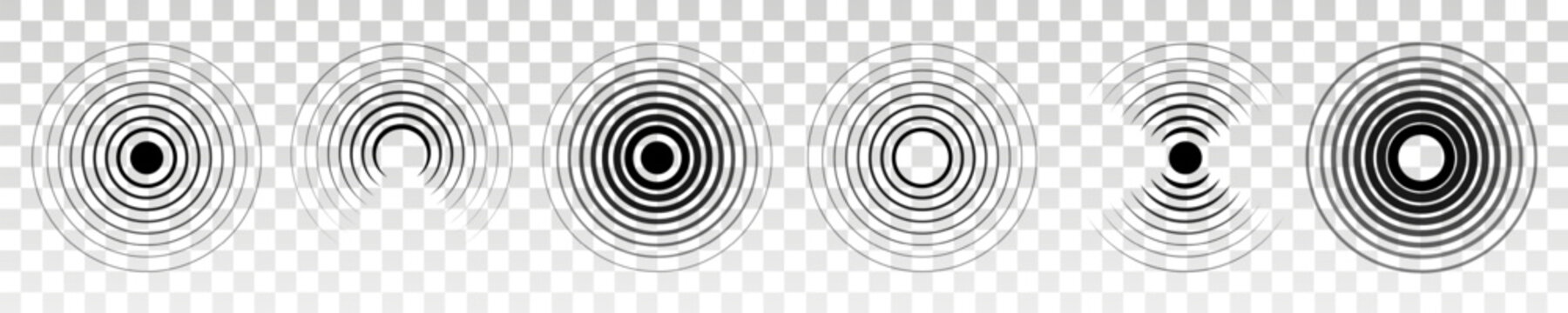 Circle wave. Frequency radar. Radio sound pulse. Concentric circular audio ripple. PNG signal effect. Graphic pattern. Geometric symbols. Radial transparent. vibration. Vector icons set