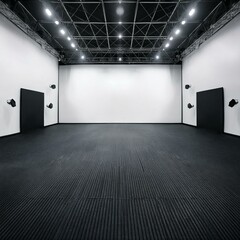 Obraz premium Studio with spotlights - Blank white studio for shooting or performance and black floor spotlight.