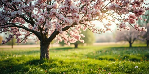 Obraz premium A solitary cherry tree in full bloom stands in a field of green grass and wildflowers, bathed in the warm glow of the afternoon sun.