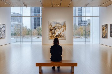 A solitary figure sits on a bench, captivated by an abstract artwork displayed in a spacious gallery, emphasizing the personal connection one forms with art in modern spaces.