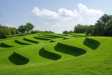 Obraz premium A rolling field of grass on a windy day, with blades bending under the breeze and clouds drifting overhead