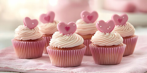 A display of pink heart-topped cupcakes with swirled frosting on a soft background.