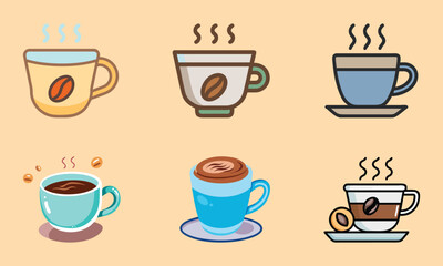 Obraz premium Set of colorful vector icons featuring steaming coffee cups in various designs, perfect for cafe, beverage, breakfast, and relaxation-themed projects. 