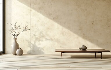 Obraz premium Minimalist Modern Interior Design with Wooden Coffee Table