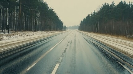 Winter Road Through Snowy Pine Forest Landscape