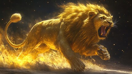 7. Powerful golden lion roaring dramatically, dust swirling around its massive paws