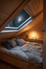Cozy attic bedroom with skylight, warm lighting, and starry night sky view.