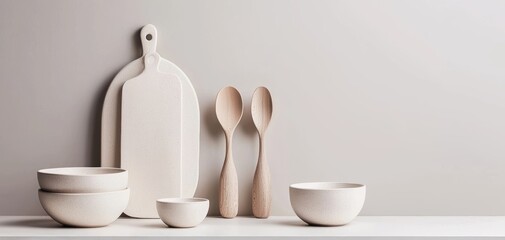 A modern kitchenware set, including ceramic bowls and utensils, arranged aesthetically on a pristine white countertop, blending style with functionality