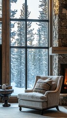 Obraz premium Cozy armchair by large window overlooking snowy forest, perfect for a winter relaxation retreat.