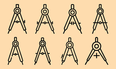 Set of black outline vector icons of drawing compasses on a beige background, ideal for design, geometry, engineering, architecture, and educational projects.  
