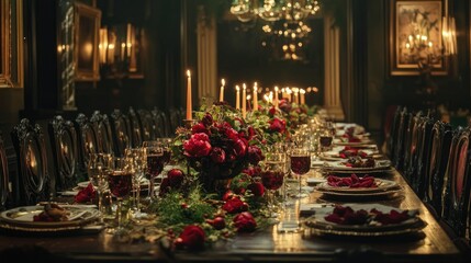 A beautifully set long dinner table adorned with red and green decorations, sparkling candles, and glasses of red wine in a festive atmosphere.