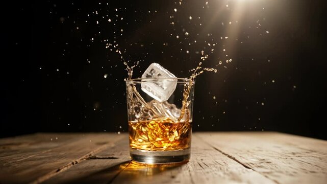 Ice cube splashing into whiskey in a glass in slow motion on a wooden table