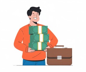 Young Man Holding Stacks of Money with a Briefcase in a Bright Sweater