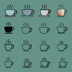 Collection of steaming coffee cup vector icons in colorful, black, and outline styles on a green background, perfect for cafe, beverage, and relaxation-themed designs.  
