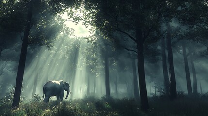 3. Silver elephant walking through a misty forest with sunlight filtering through the trees