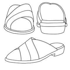 Women's Mules Comfortable shoes Line art, Technical sketch hand drawing outline vector doodle top and side view isolated on white background for coloring page