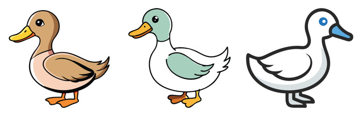 Collection of vector illustrations featuring ducks in different colors and detailed designs, perfect for wildlife, nature, farm, and educational themes.  
