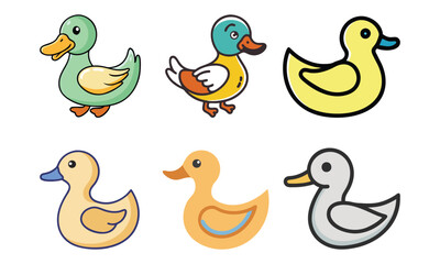 Set of vector illustrations featuring ducks in various styles and colors, ideal for wildlife, nature, children’s designs, and playful themes.  
