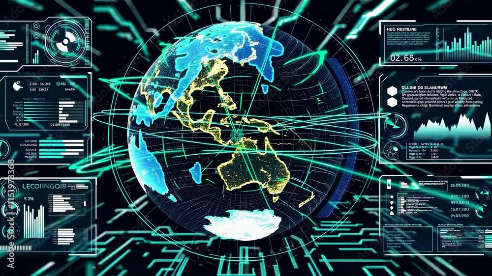 Poster visual representation of global data interaction and technology trends over time in a dynamic digita