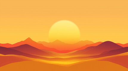 Obraz premium Rising sun, minimalist vector sunset over desert with mountains