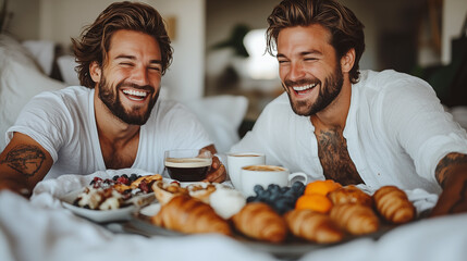 Happy gay couple is having breakfast in bed. They are smiling and looking at camera
