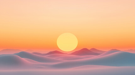 Obraz premium Rising sun, minimalist vector sunset over desert with mountains