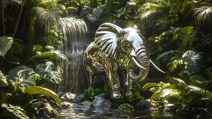 15. Silver elephant surrounded by lush greenery with a waterfall cascading behind it