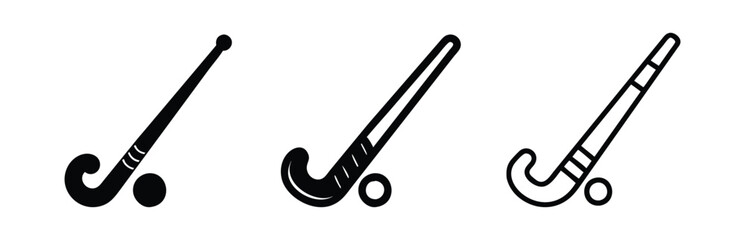 Set of black outline vector icons featuring field hockey sticks and balls, ideal for sports, athletics, recreation, and team game-themed designs.  
