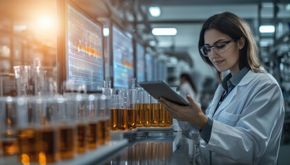 Scientist analyzing data in laboratory with test tubes and screens