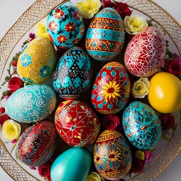 Decorated Easter eggs with traditional folk patterns. Top view Easer greeting card. Motion rotation