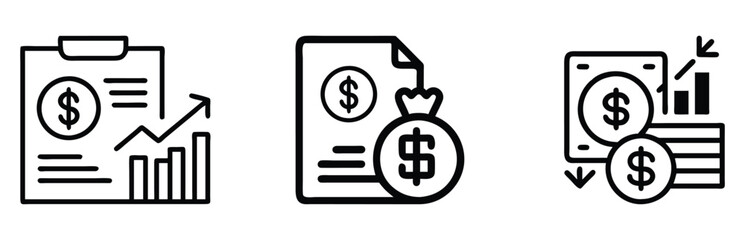 Set of black outline vector icons featuring financial reports, money symbols, and graphs, ideal for business, investment, and economic analysis themes.  
