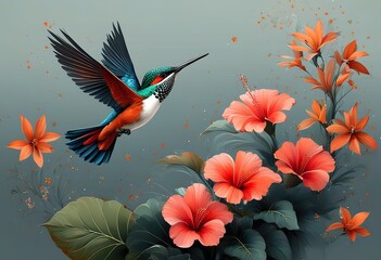 Obraz premium The artwork showcases a colorful hummingbird in flight, wings outstretched, surrounded by lush hibiscus blossoms and other tropical flowers. It showcases vibrant colors and intricate details.