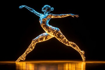 Obraz premium A vibrant 3D illustration of a gymnast leaping with a ribbon, creating swirling patterns of light and color that fill the space