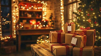 A whimsical scene of Santa's cozy workshop filled with glowing lights, with five large gift boxes stacked neatly and blank tags awaiting personalization on a nearby wooden table.