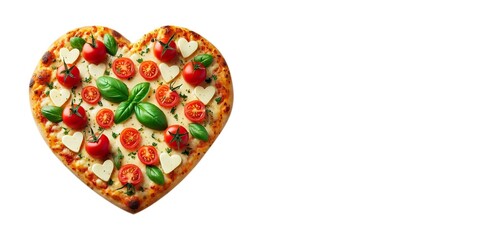 Heart-shaped pizza topped with cheese, tomatoes, and basil on a white background with space for text. Created with Generative AI Technology