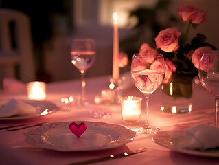 A romantic dinner setting with candles, roses, and elegant tableware.
