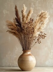 Dried pampas grass in a ceramic vase, dried flowers for home decor