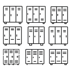 Locker Icon Set in Outline Style, Set of black and white outline icons featuring various locker designs, perfect for school, gym, storage, or organization-themed projects.  
